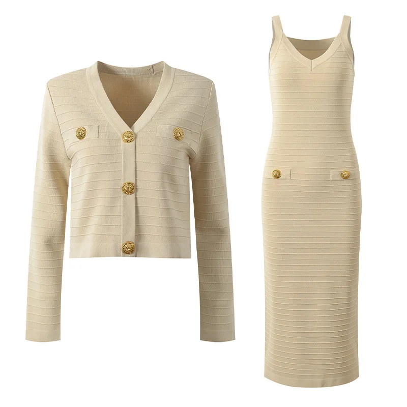 

High-End Version Parisian ort V-Ne Gold Bule Striped Open Cardigan Strap Dr Set Women's Faion Summer Outfit