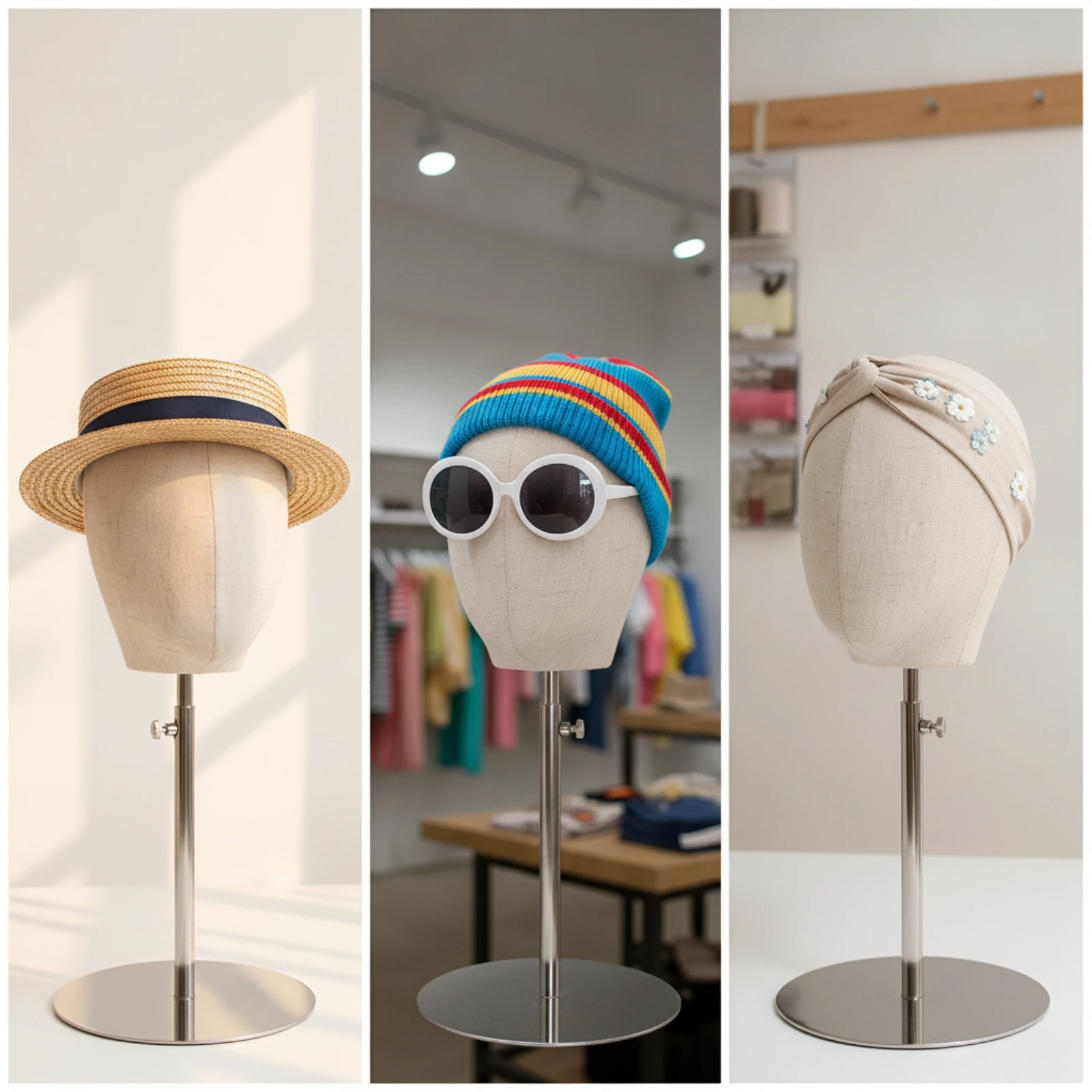 Mannequin Head with Stand Adjustable-Height Hat Display Head Hat Display with Base Burlap-Covered Stainless Steel for Retailers