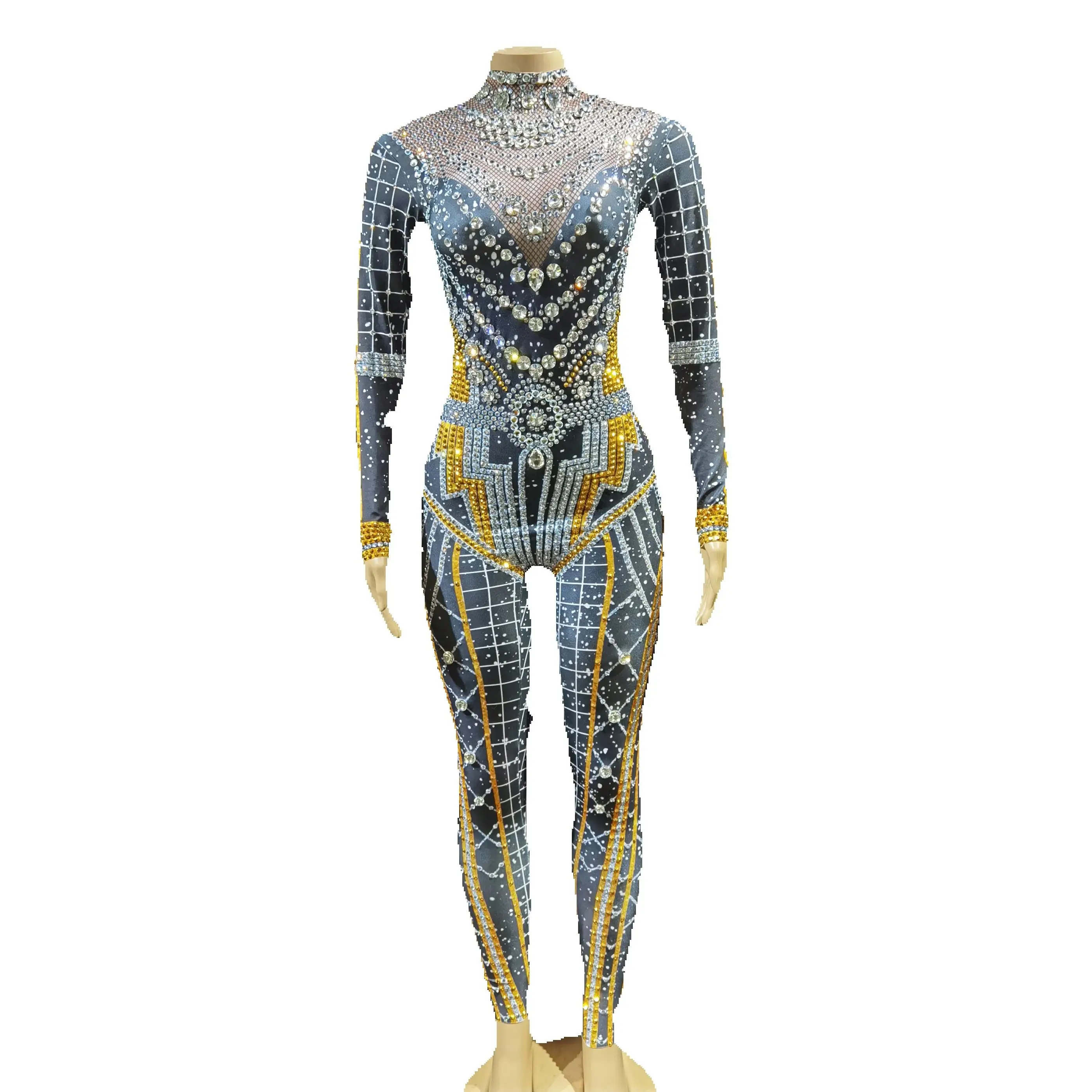 

Steel pipe black glass diamond long one-piece false transparent flesh elastic slimming stage performance jumpsuit