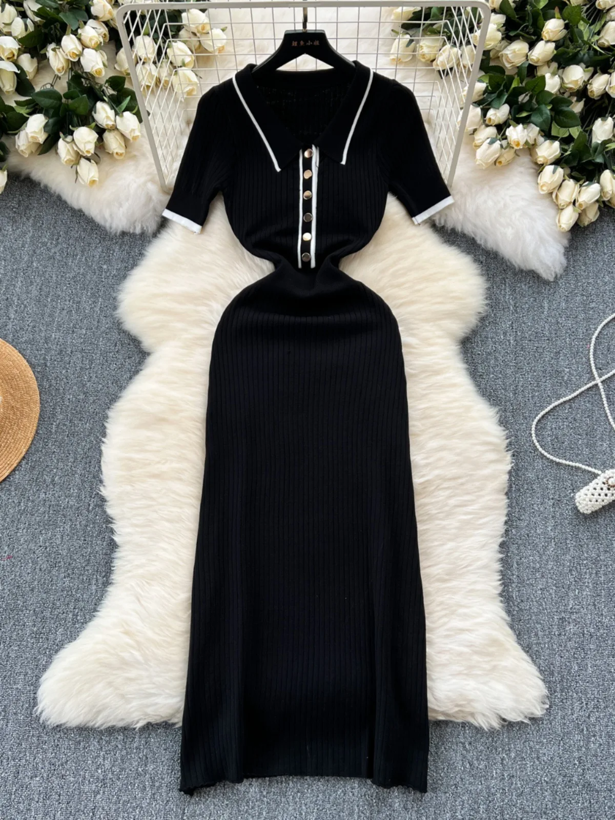 女性のためのエレガントなニットタイトドレス,半袖,ボタン付き,伸縮性,スリムフィット,ポロ,カラーブロック