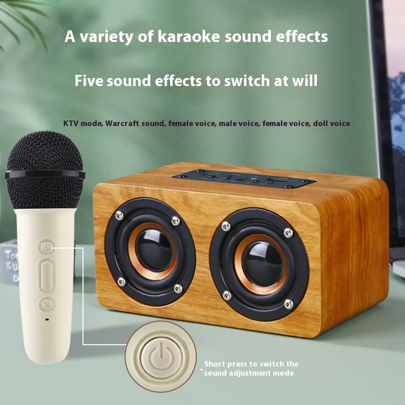 Dual Microphone H3 Wooden Bluetooth Wireless Speaker Dual Microphone Karaoke Speaker TFU Disk Function Interface Computer Audio