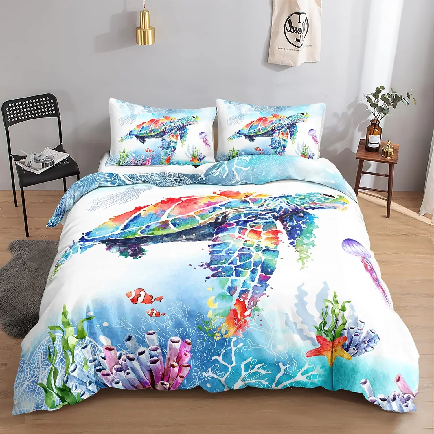 Sea Animals Duvet Cover Set Turtle Print Bedding Sets Queen Size 3D Gorgeous Luxury Comforter Cover Set Marine Life Quilt Cover