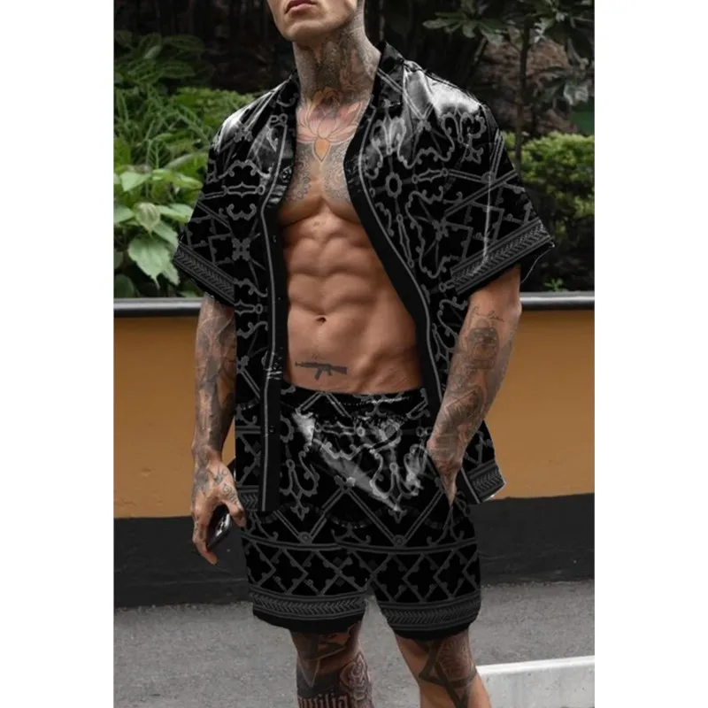 

2025 New Mens Fashion Printing Set Hawaiian Mens Short Sleeved Printed Set Summer Casual Floral Shirt With Buckle Two-piece Suit