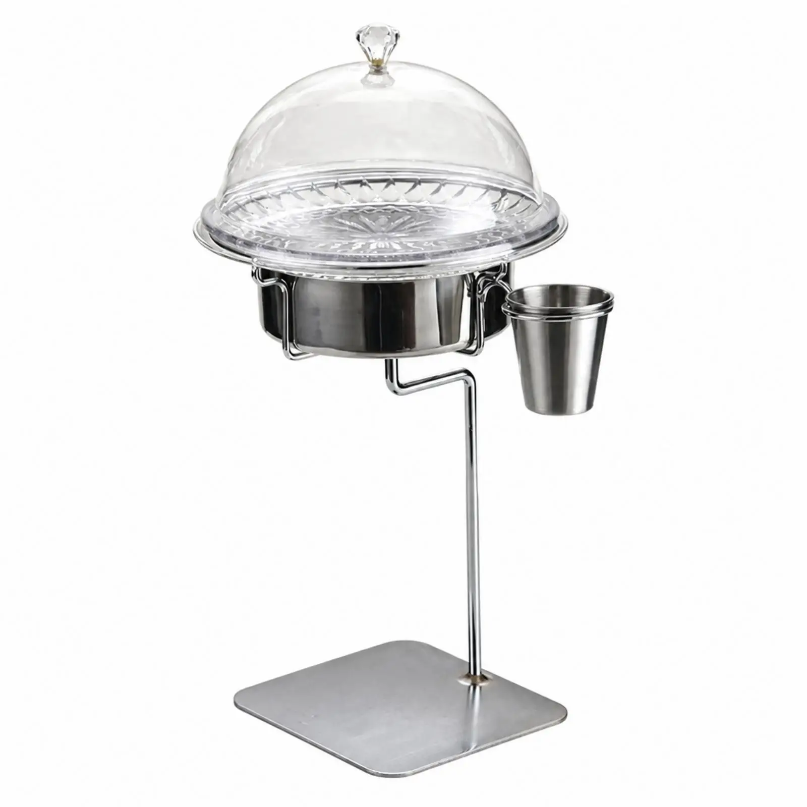 Food Tasting Stand with Dome Cover | Sturdy Flat Square Base, Cold Resistant, Sampling Display with Stainless Steel Bowl, for