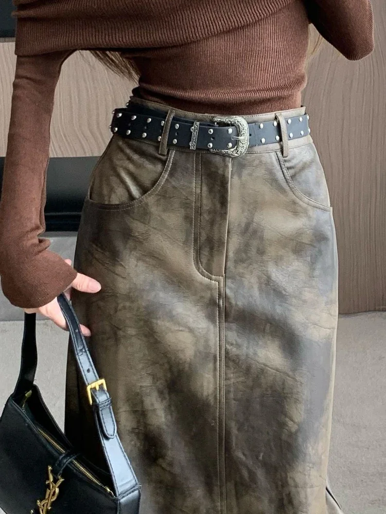 

Women's Brown Pu A-line Long Skirt Vintage Y2k Skirt Harajuku Korean Streetwear Elegant Patchwork Skirt 2000s Clothes Autumn