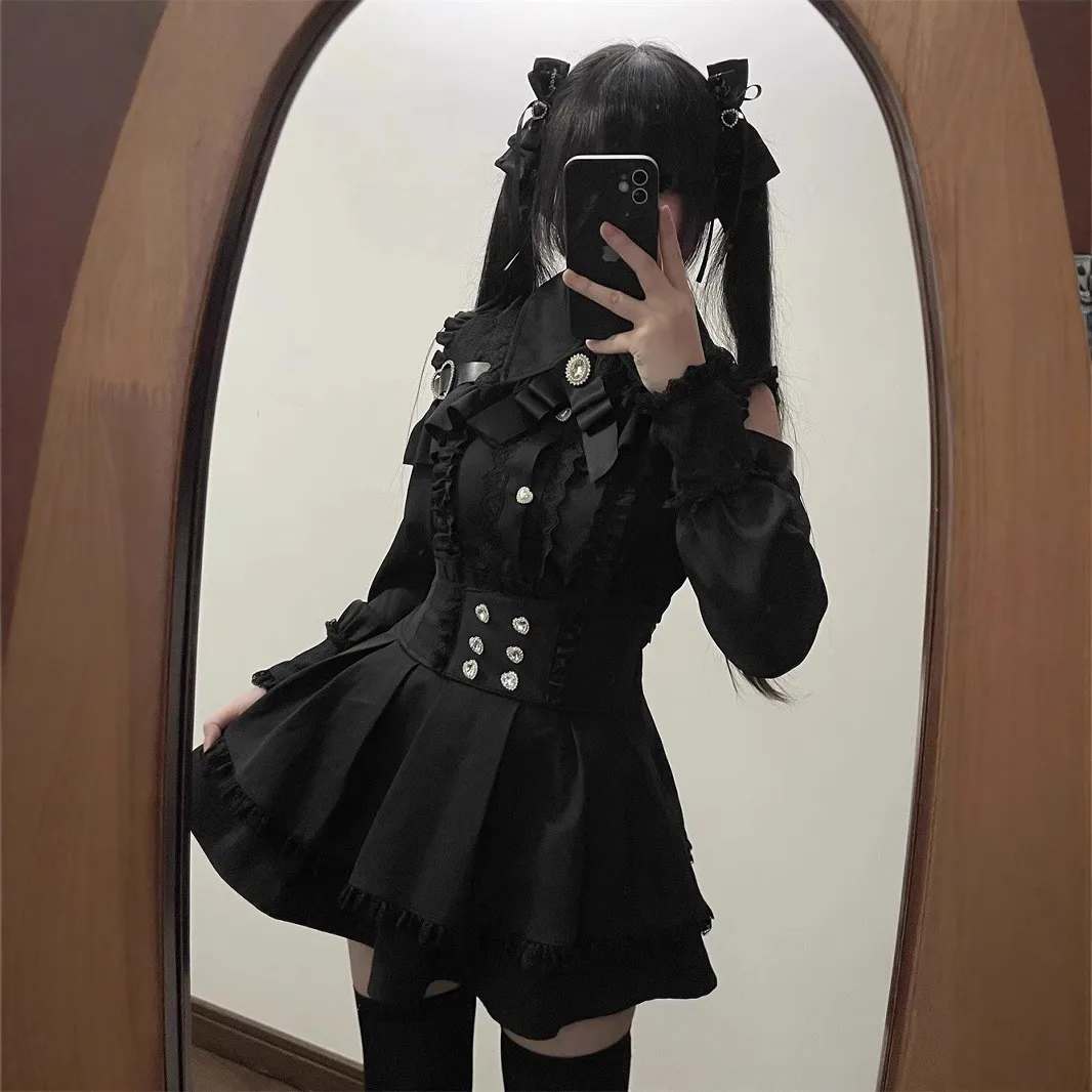 Women's Matching 2-Piece Japanese Style Off Shoulder Short Sleeve High Waist Mini Woven Casual Dress Lolita Jirai Kei with