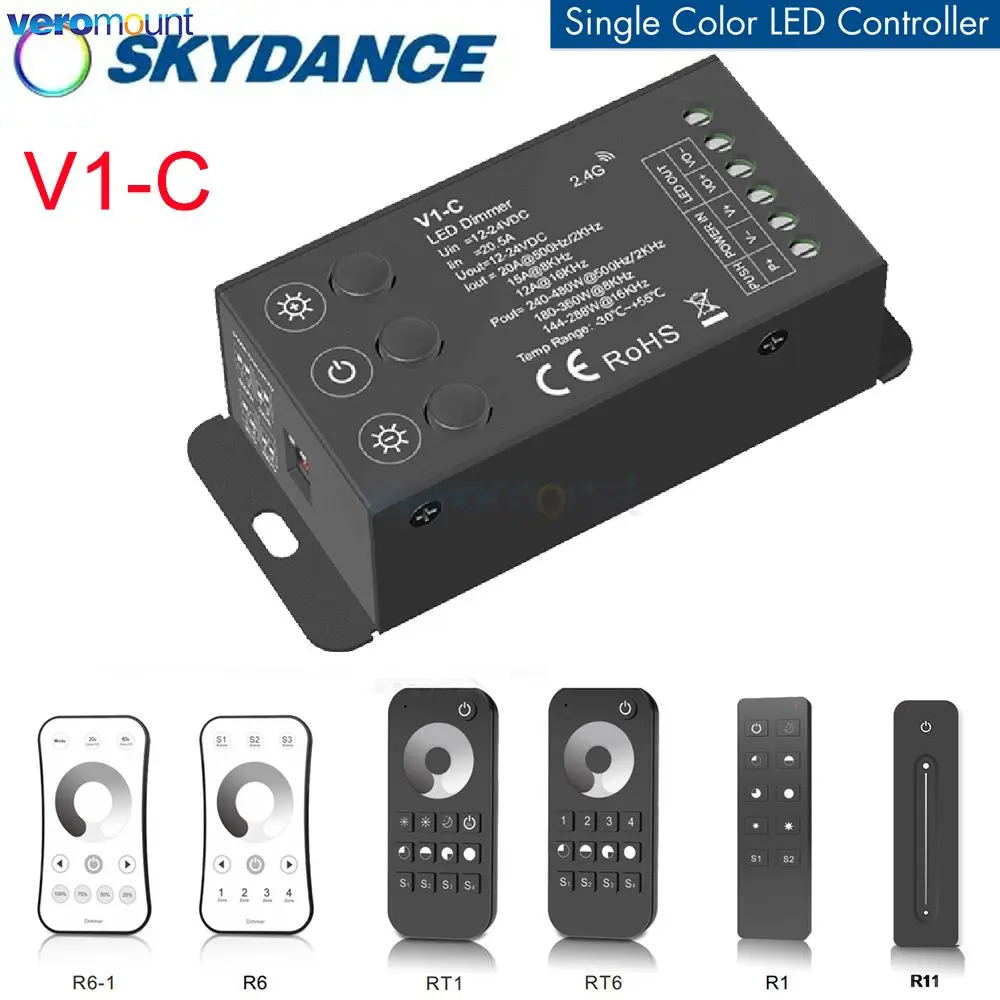 Skydance V1-C LED Dimmer 12V 24V PWM Frequency Adjustable 2.4G RF Touch Remote Control Single Color LED Strip Light 12 Dimmer