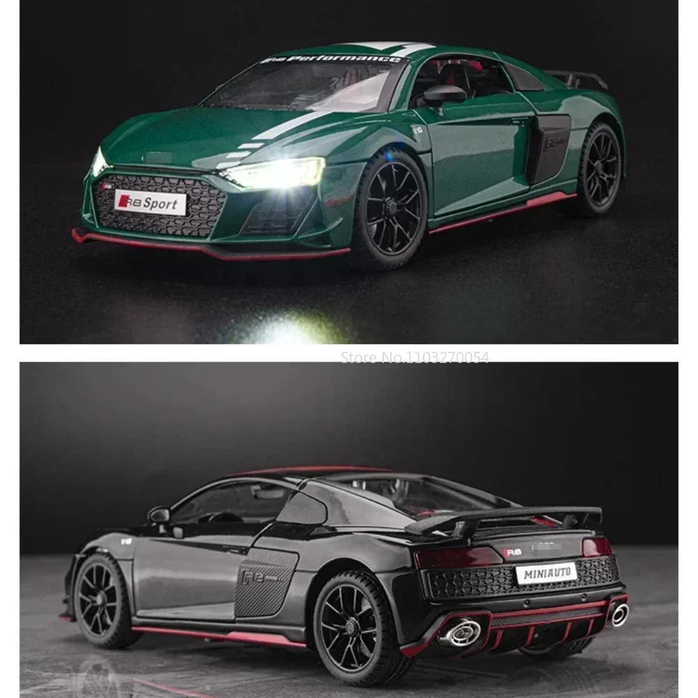 1/24 R8 V10 다이캐스트 금속 합금 장난감 모형 자동차 시뮬레이션 컬렉션 사운드 및 라이트 후진 기능 정교한 인테리어 차량