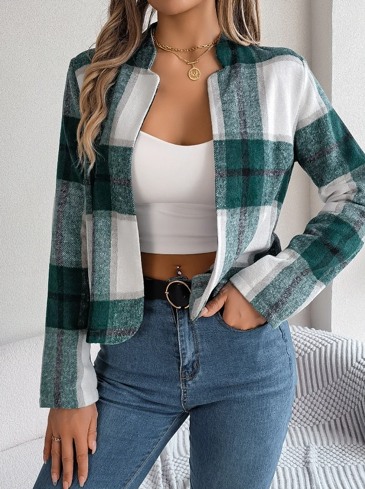 

Women's Urban Fashion Retro Style Short Coat 2025 Autumn Winter Latest Casual Plaid Long Sleeved Woolen Jacket Cardigan Top