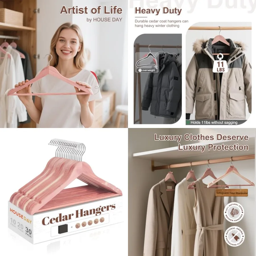 

Cedar Hangers for Closet, Smooth Cedar Wood Hangers with Rings, 360 Swivel Hook, U-Shape Notched, Non Slip Pant Bar, Sturdy Woo