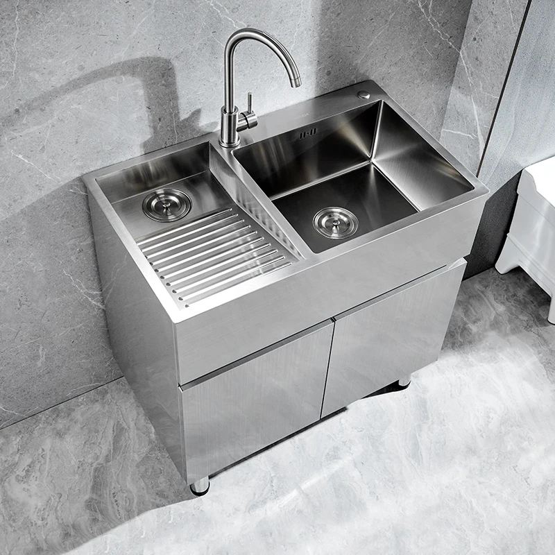 

Stainless steel laundry cabinet 304 basin sink cabinet washbasin laundry pool with rubbing board balcony bathroom cabinet floor