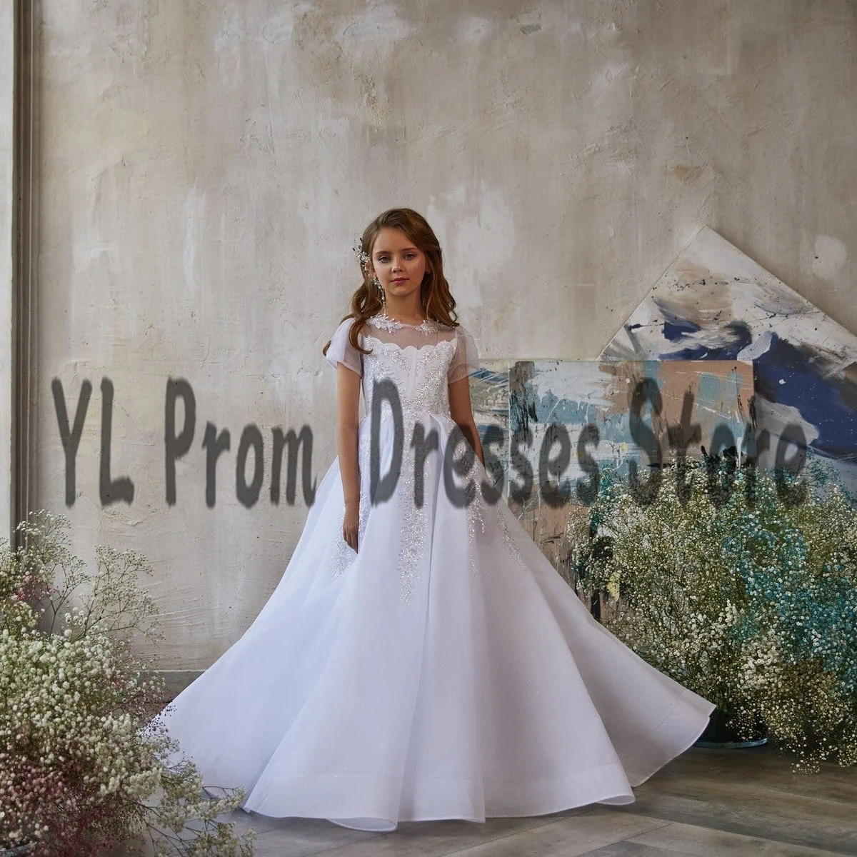 YL-vestidos de flores con cuello redondo para niña, vestidos de primera comunión con lentejuelas brillantes para bebé