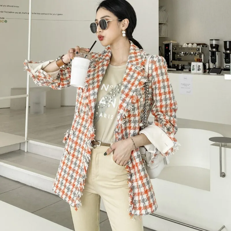 Korean Autumn  Elegant Office Lady Fashion Winter Jackets Women Tassel Vintage Plaid Tweed Coat Women Clothes Mujer