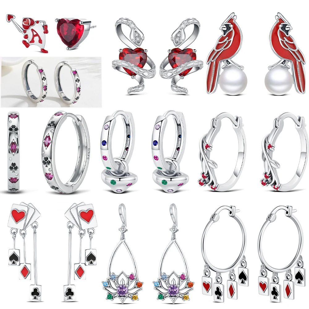 Nuevos Pendientes de Aro de Plata de Ley 925 Multicolor con Diseño Floral de Pájaro Cardenal para Uso Diario y Regalos de Fiesta para Mujer