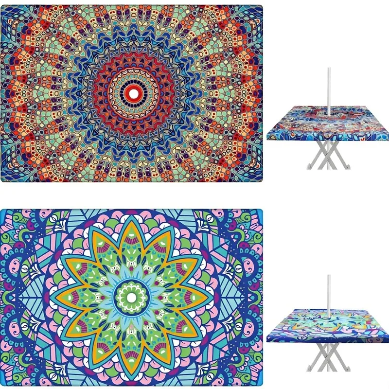 2 Pcs Outdoor Tablecloth with Umbrella Hole | 68'' x 43'' Rectangular Mandala Elastic Waterproof Zipper Camping Table Cover