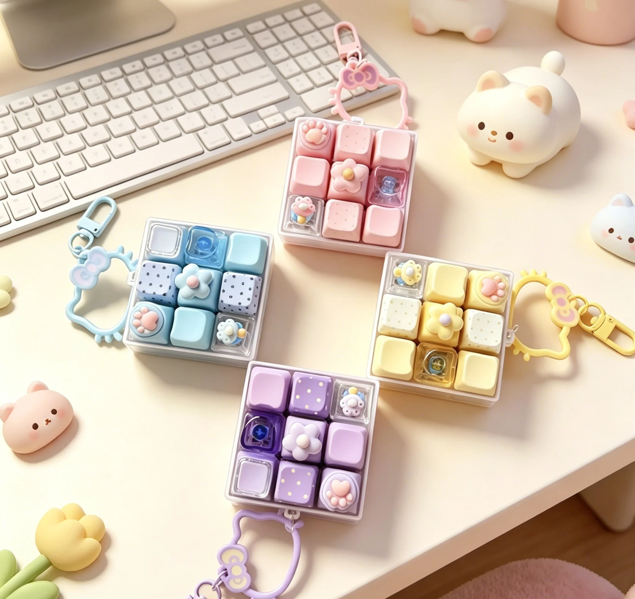 9 Keys Cute Flower Heart Star Mechanical Keycap Fidget Keychain Stress Relief Finger Press Toy