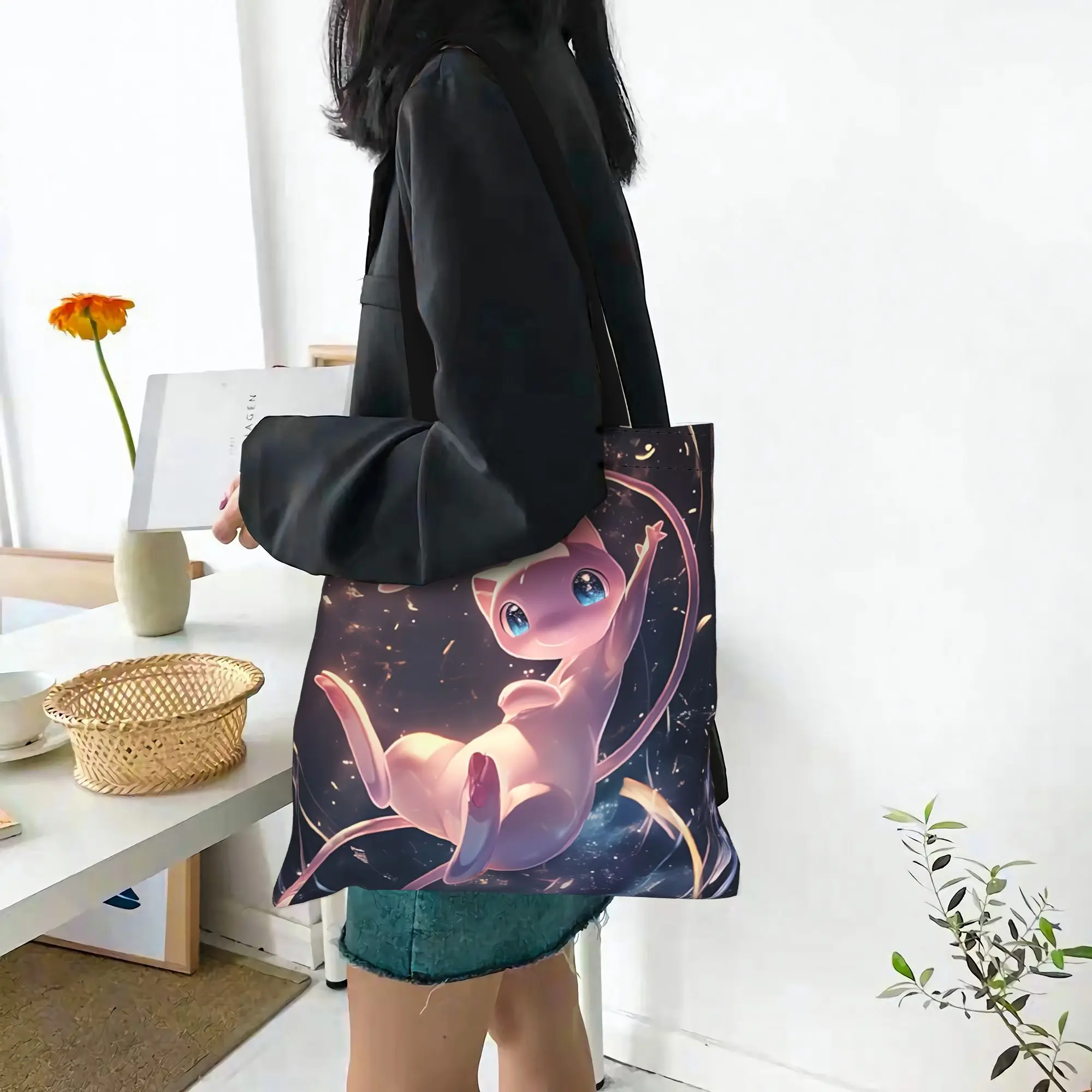 Customized Pokemon Theme Women's Bag Shopping Bag Reusable Double Sided Canvas Tote Bag Shoulder Mew Handbag