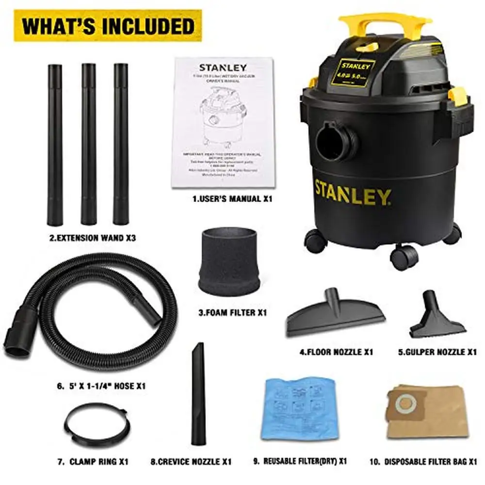 Powerful 4.0 HP AC Wet/Dry Vacuum 5 Gallon Corded Carpet Cleaning  Black High-Quality Cleaning Solution