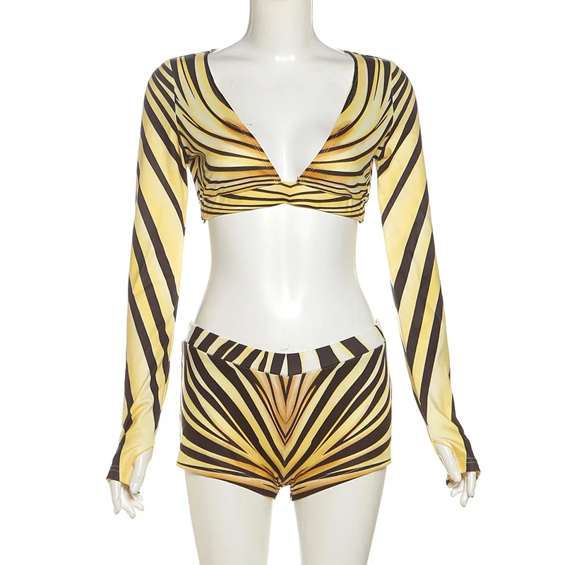 Полосатый комплект из 2 предметов с принтом, женские сексуальные укороченные топы с глубоким v-образным вырезом и длинными рукавами + узкие шорты, одежда для ночного клуба, женская уличная одежда