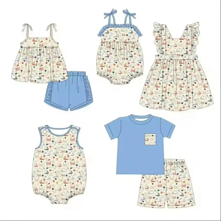 

Boutique children's sling bow sailboat printed shorts lace girls boys printed shorts set baby romper dress