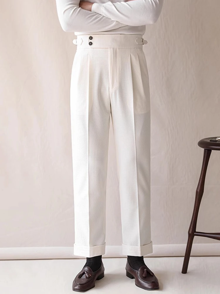 Męskie spodnie w stylu vintage z teksturą waflowej, na wiosnę i jesień, codzienne, casualowe, jednolite, garniturowe, modne, plisowane, proste.