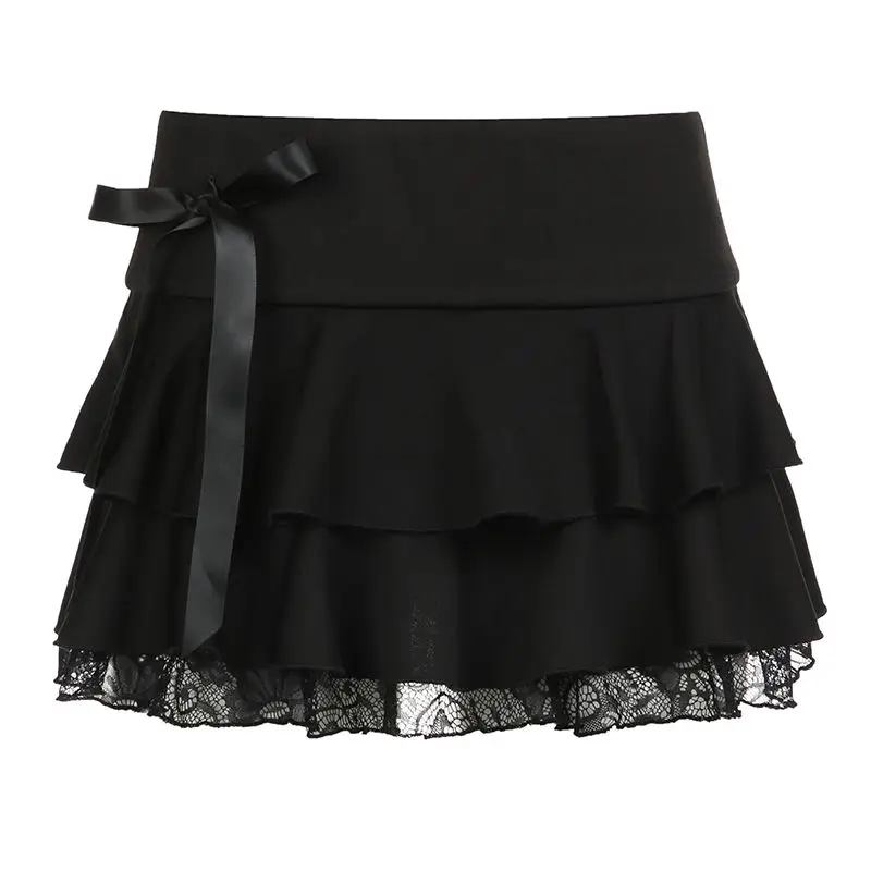 

Black Lace Trim Bow Mini Skirt Women Splicing Slim Fit Elastic Waist Layering A-line Skirt Pleated Lace Hem Ultra-short Skirts
