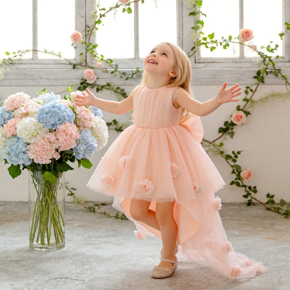 Infant and Toddler Dress Three-dimensional Flower Mesh Tailing Tutu Skirt 0-6Y Baby Girls Birthday Party Washing Dress ASQ03