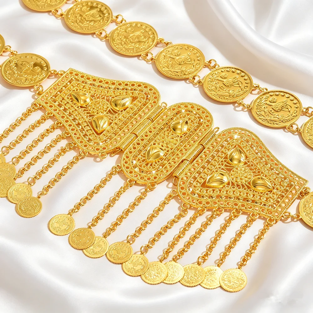 Gold Plated Turkish Kurdish Women's Belt with Arabic Middle East Currency Chain for Festival Wedding Clothing Jewelry Accessory