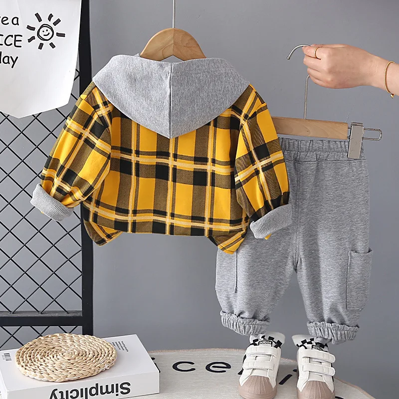 2026 New Spring Hot Sale Toddler Boys 2pcs Set Plaid Hooded Shirt + Jogger Pants Kids Fashion Casual Bestseller Outfits for Boys
