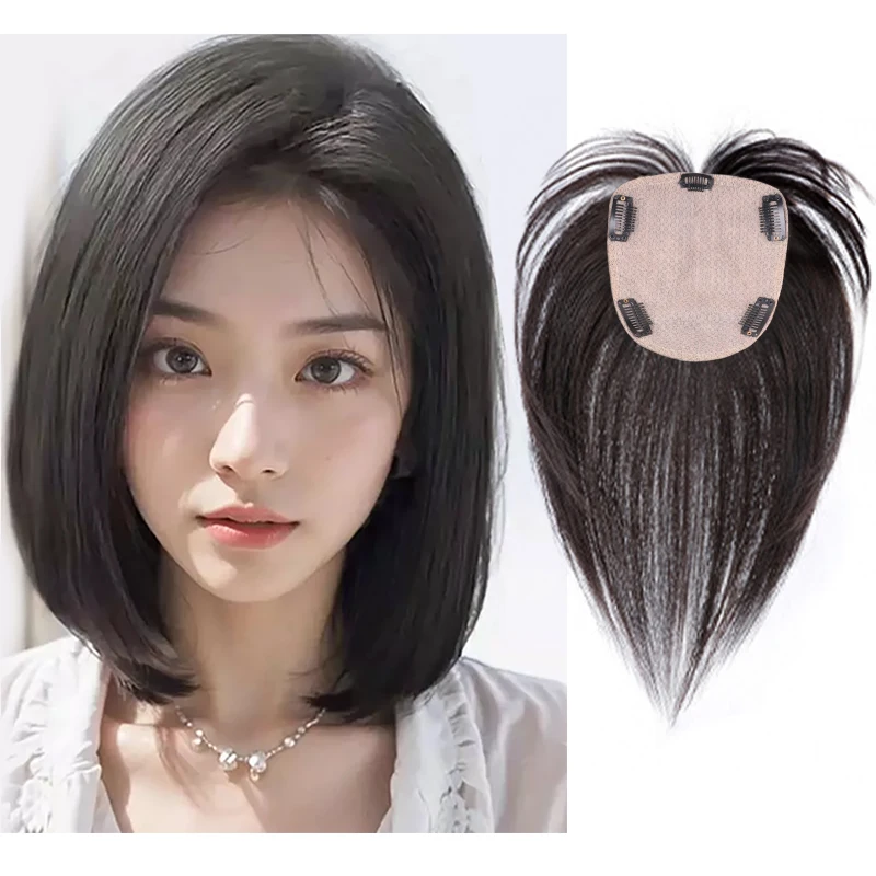 Clip In Bangs for Women Human Hair Toppers Real Hair Topper with Bangs Swiss Base with Thinning Hair Loss Hair Cover Gray Hair