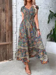 Fashion V-neck Short Sleeve Print Green Maxi Dress Women 2023 Summer Casual Elegant Office Ladies Dresses For Women Robe Femme