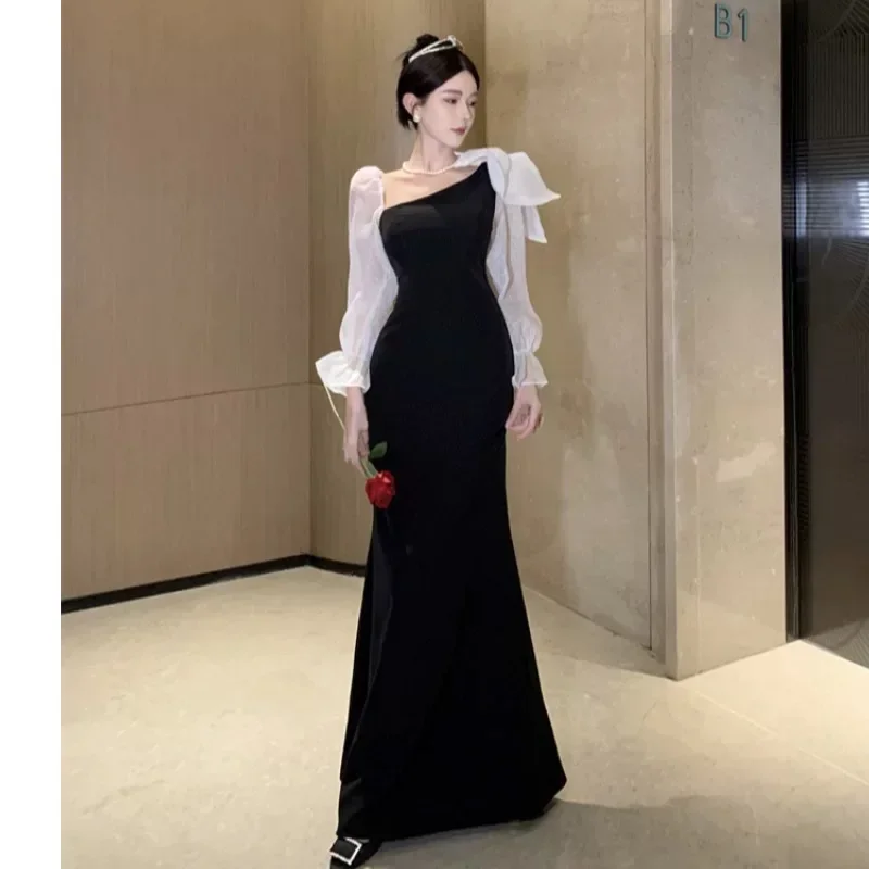 

New No. 16 evening dress temperament lady banquet long dress high-end oblique shoulder chic dress long women autumn