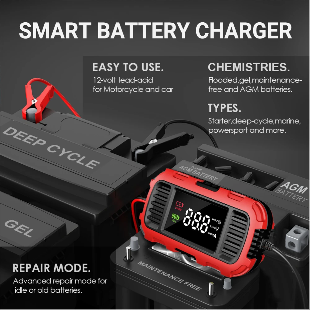 

12V 2A Smart Battery Charger Digital Display For 4-30AH AGM/GEL/Wet/VRLA Batteries Car/Truck/Motorcycle Maintenance & Storage