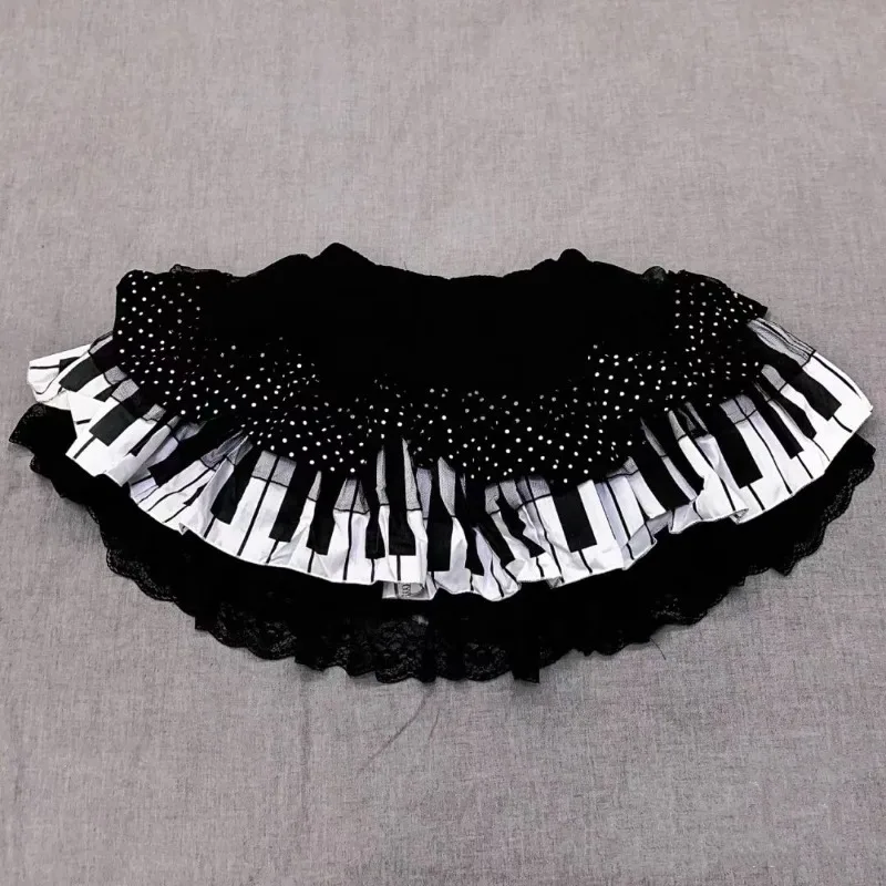 Japanese Subculture Black White Piano Design Lolita Skirt Autumn New Y2k Ruffled Miniskirt Lace Patchwork Punk Ballet Skirts