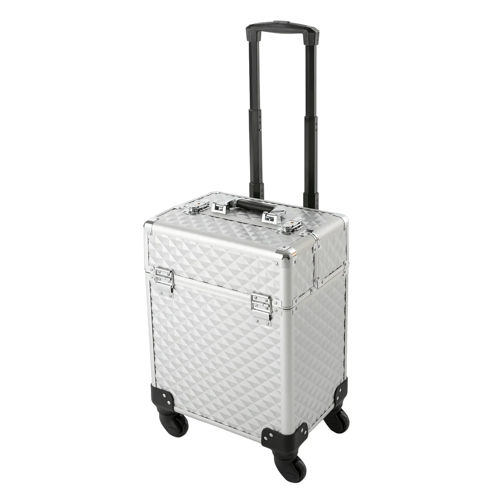 

Multi-Tier Rolling Makeup Case, Cosmetic Organizer with Foldable Trays, Aluminum Alloy Frame, Silver Finish, Large Capacity and