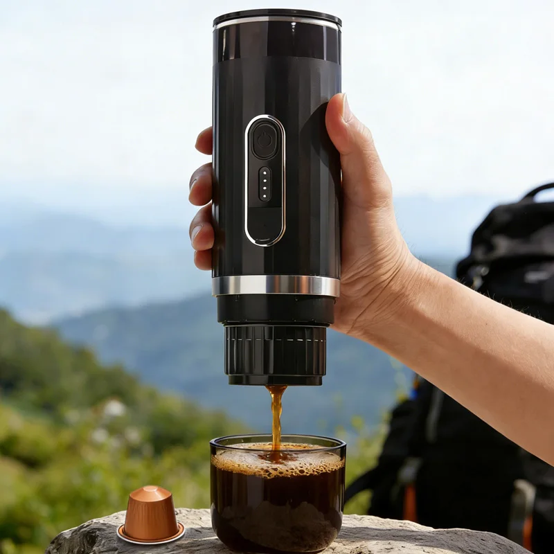 Camping Coffee Maker, Wireless 3-in-1 Portable Espresso Machine with 12V Car Adapter, Self-Heating Travel Coffee Maker for Capsu