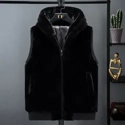 2023 New Sleeveless Jacket Men Hooded Warm Thermal Witnter Faux Fur Vest Male Plush Flannel Coat Fluffy Fleece Waistcoat Autumn