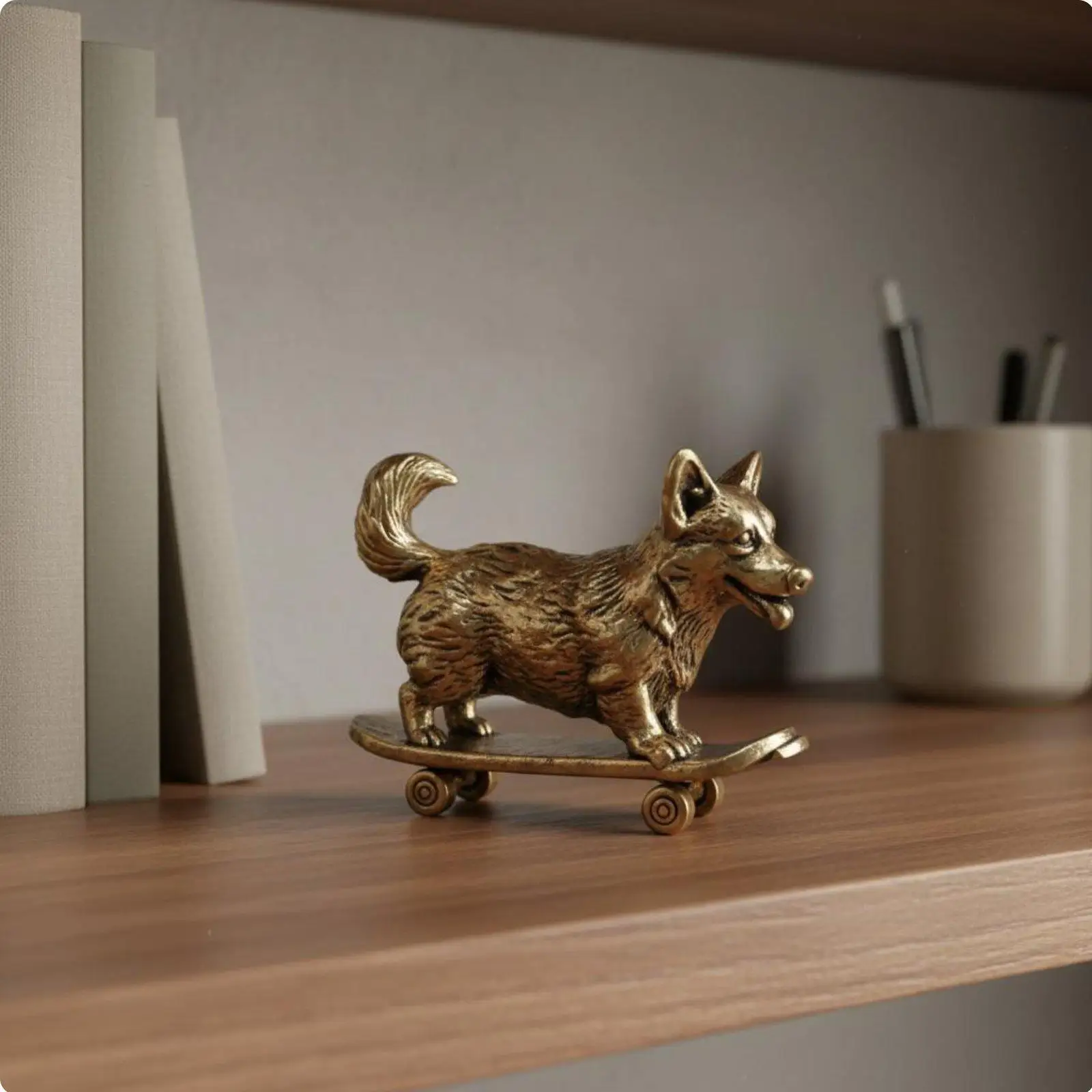 Handcrafted Brass Corgi Skate Figure Vintage Finish Home Decor Statue for Side Table or Mantel