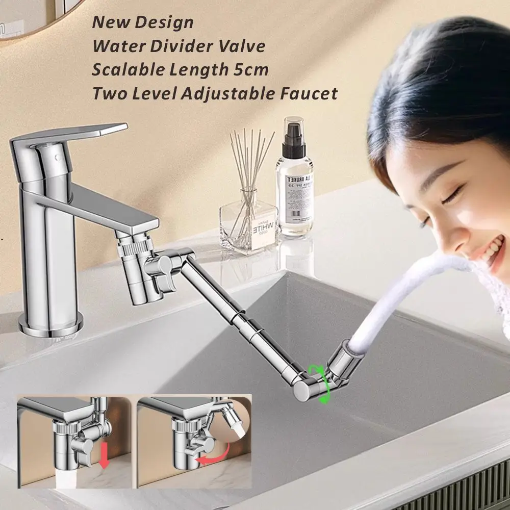 New Retractable Universal 1440°Swivel Robotic Arm Swivel Extension Faucet Aerator Kitchen Sink Faucet Extender 2 Water Flow Mode