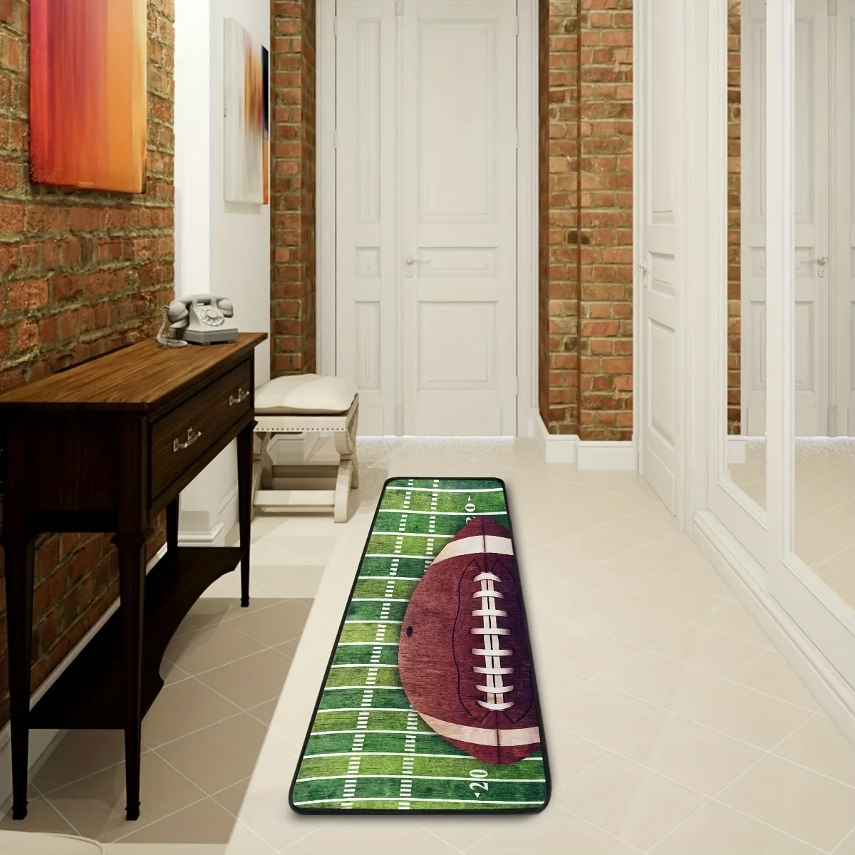 VIKAMA American Football Field Long Runner Rug Vintage Wooden‑texture Rugby Ball Print Non‑slip Sports‑style Bedside Floor Mat