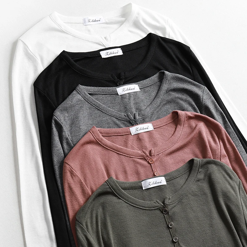 T-shirt Slim con scollo a v profondo in maglia di cotone T-shirt Sexy con bottoni sul davanti Ruffles manica lunga autunno elegante T-shirt da donna See Through