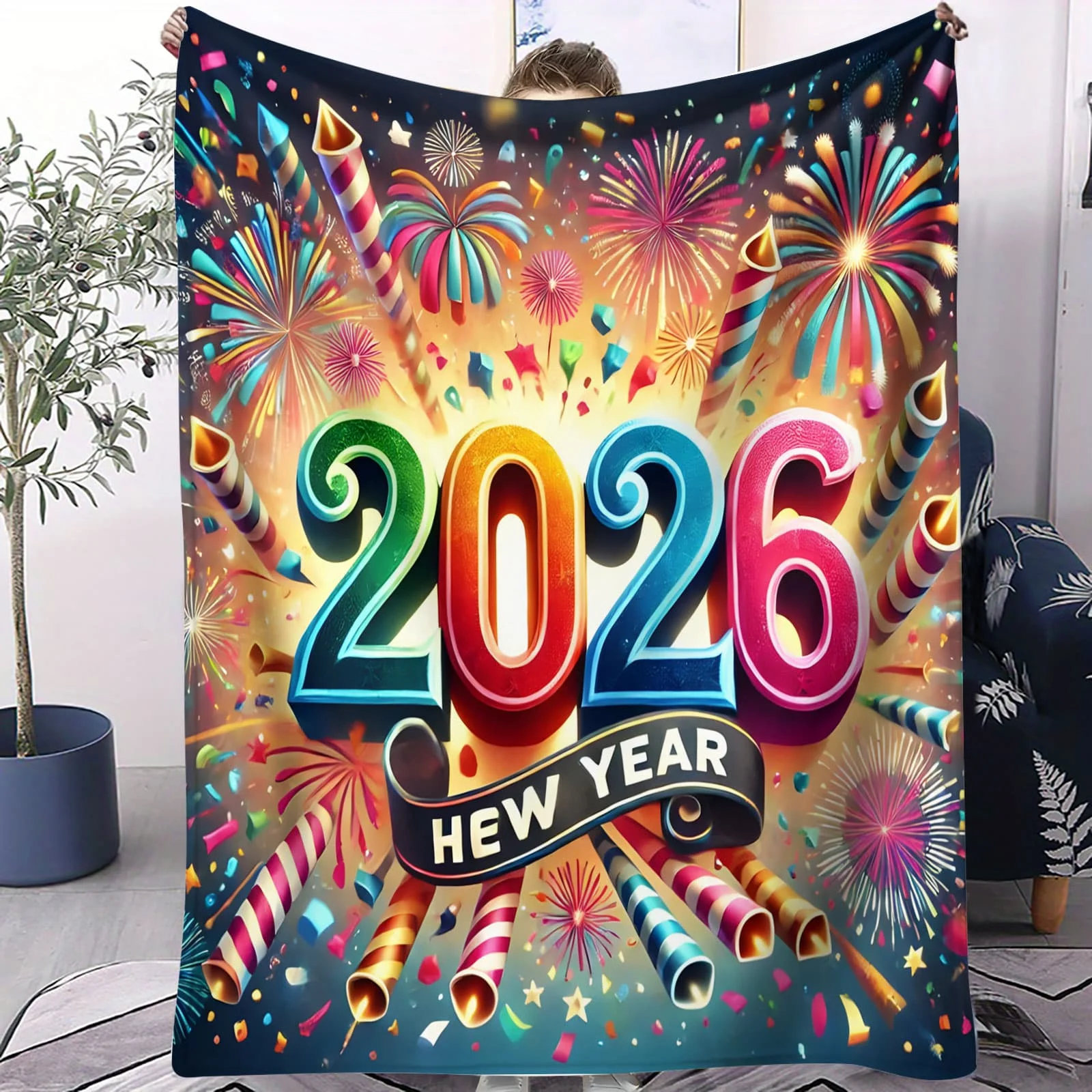 بطانية الفانيلا للعام الجديد لعام 2026 - رمي أريكة مريح للاحتفالات في العطلات، لفافة دافئة للاسترخاء في الشتاء، ديكور منزلي احتفالي