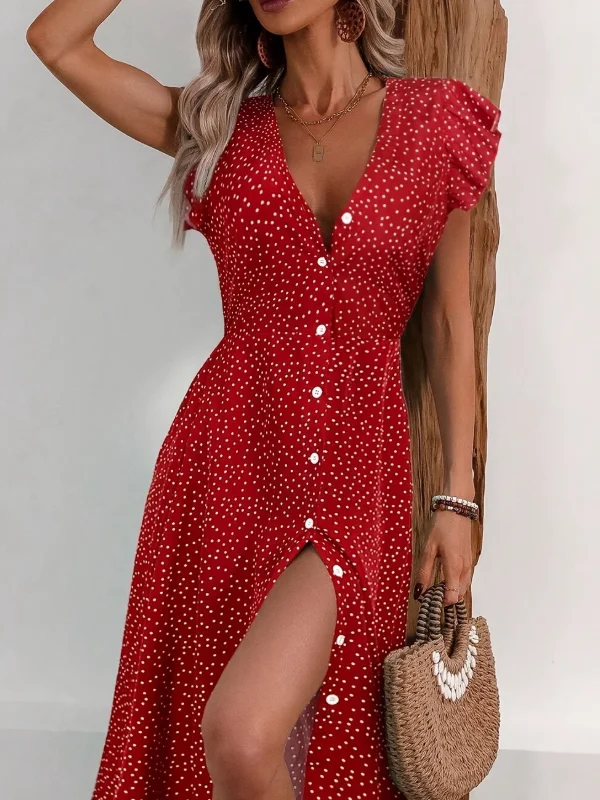 Faionable V-Ne Floral Print ort Sve Midi Dr Button Detail Saumrock Weiche, bequeme Polyesterfaser l W...