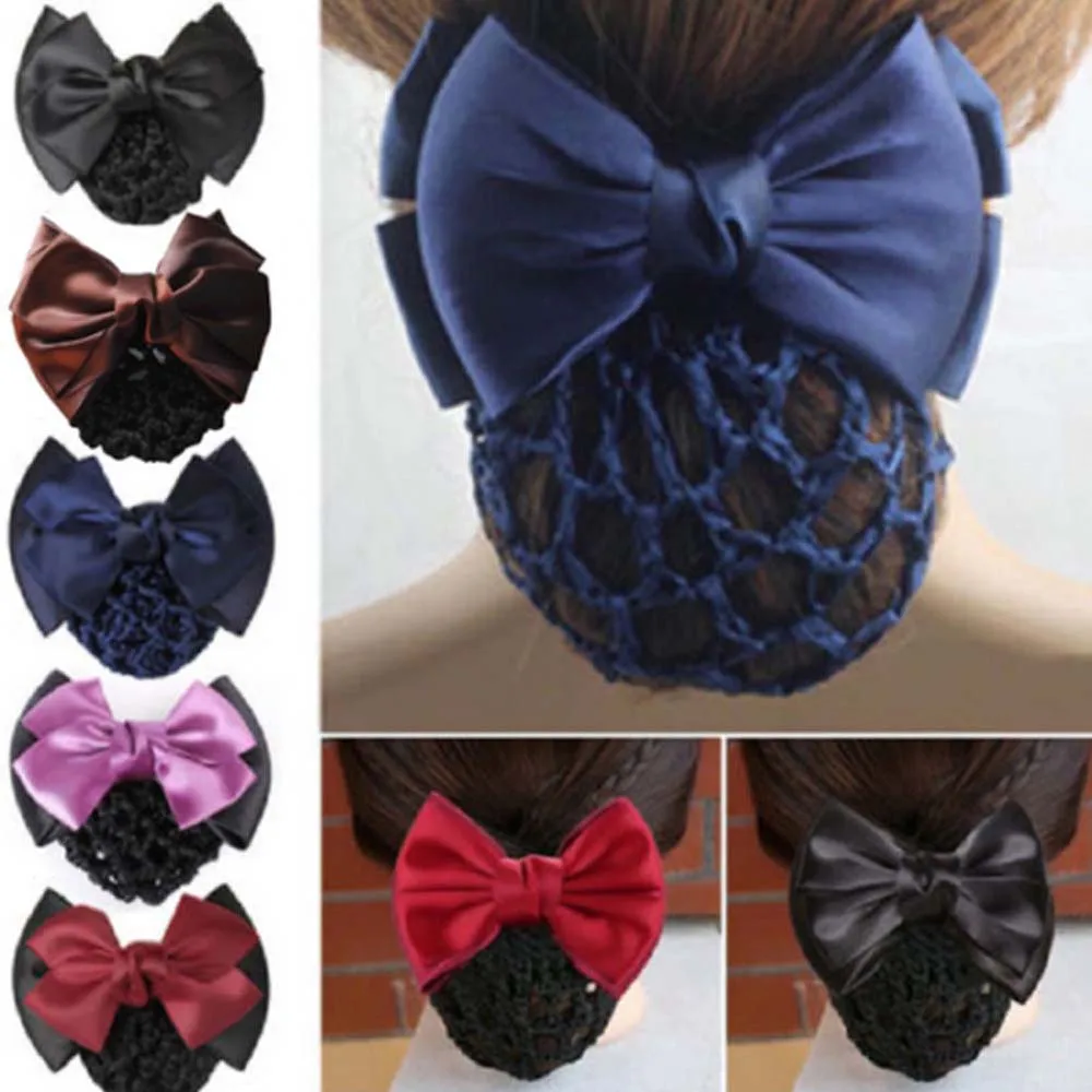 Satin Bow Barrette Lady Hair Clip Cover Bowknot Net Bun Snood Headband Hairnet Party Professional Work Hairclip Hair Accessories