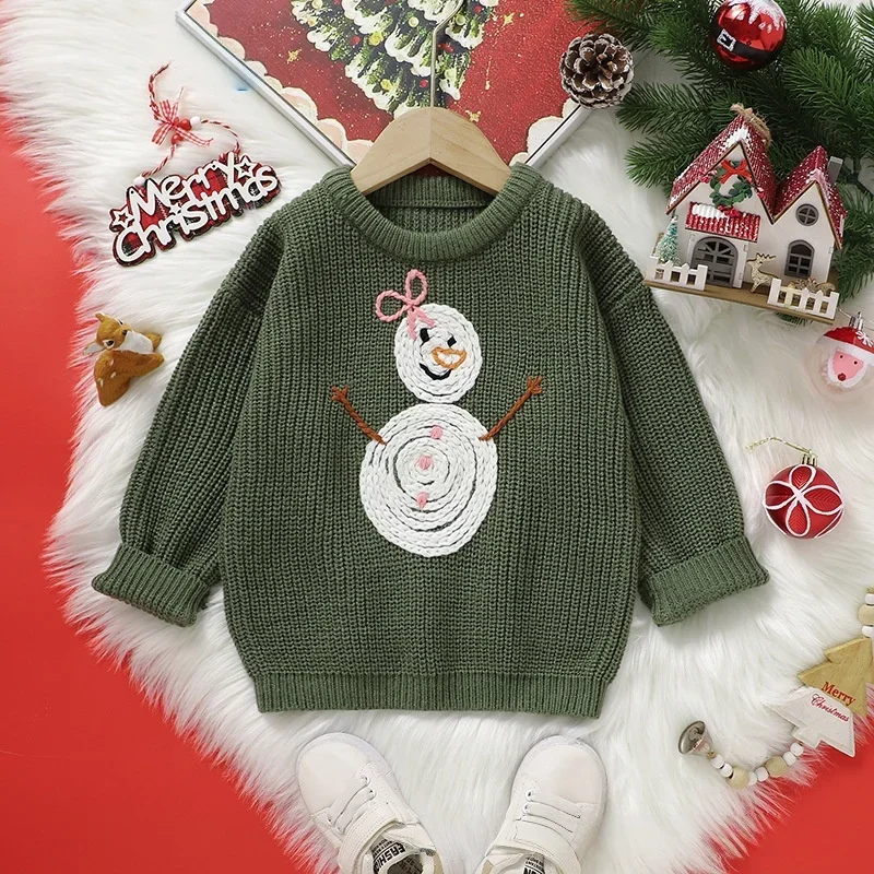 

Christmas Knit Kids Sweater with Snowman Embroidery Autumn Winter Outfit for 3-6Y Children Clothes