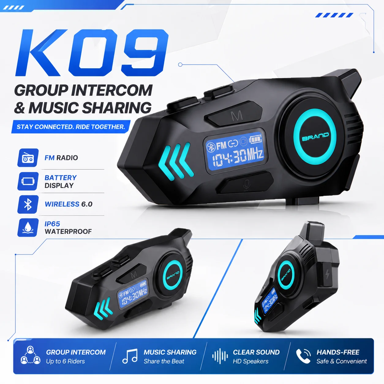 HIPPCRON Motor Helmet Bluetooth6.0 K09 Headset Multi-person 500M Intercom LED FM Radio Noise Cancellation Waterproof IP65 800MAH