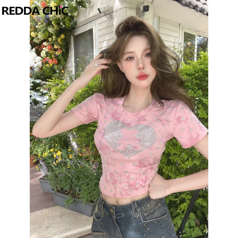 REDDACHiC Shiny Rhinestone Heart Crop Top Women Short Sleeves Casual T-shirt Pink Tie Dye Pullover Baby Tee Y2k Summer Clothes