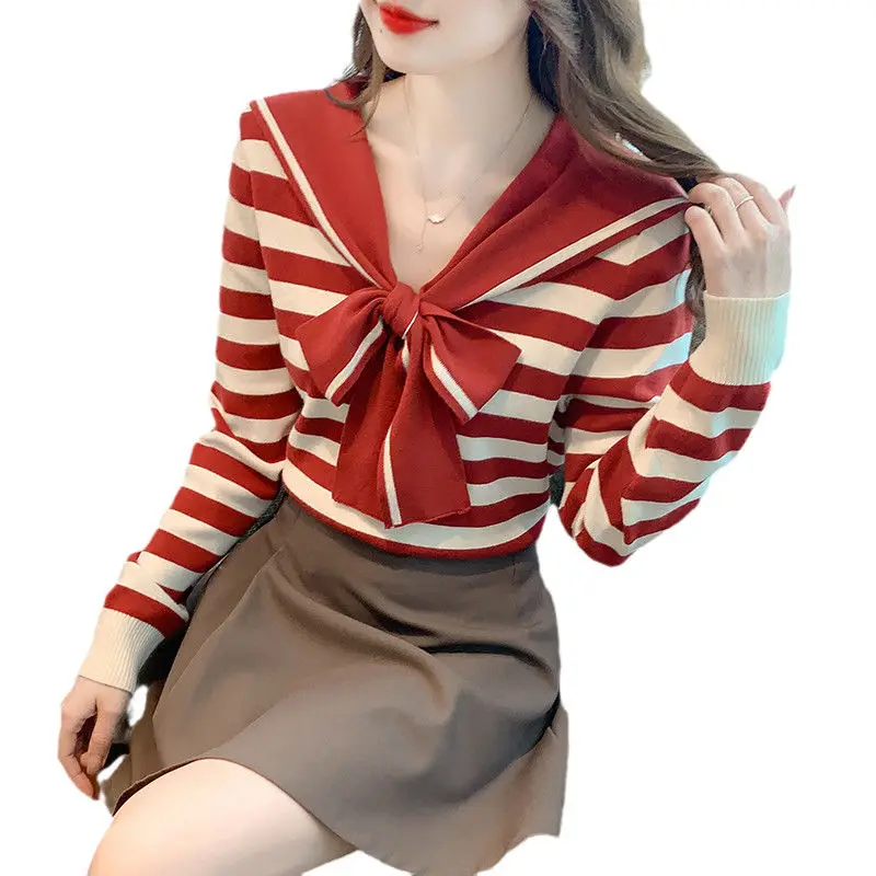 2023 Autumn Winter Stripe Fashion Harajuku Knitting Tops Women Casual All Match Sweater Long Sleeve Pullover Bow Female Clothes