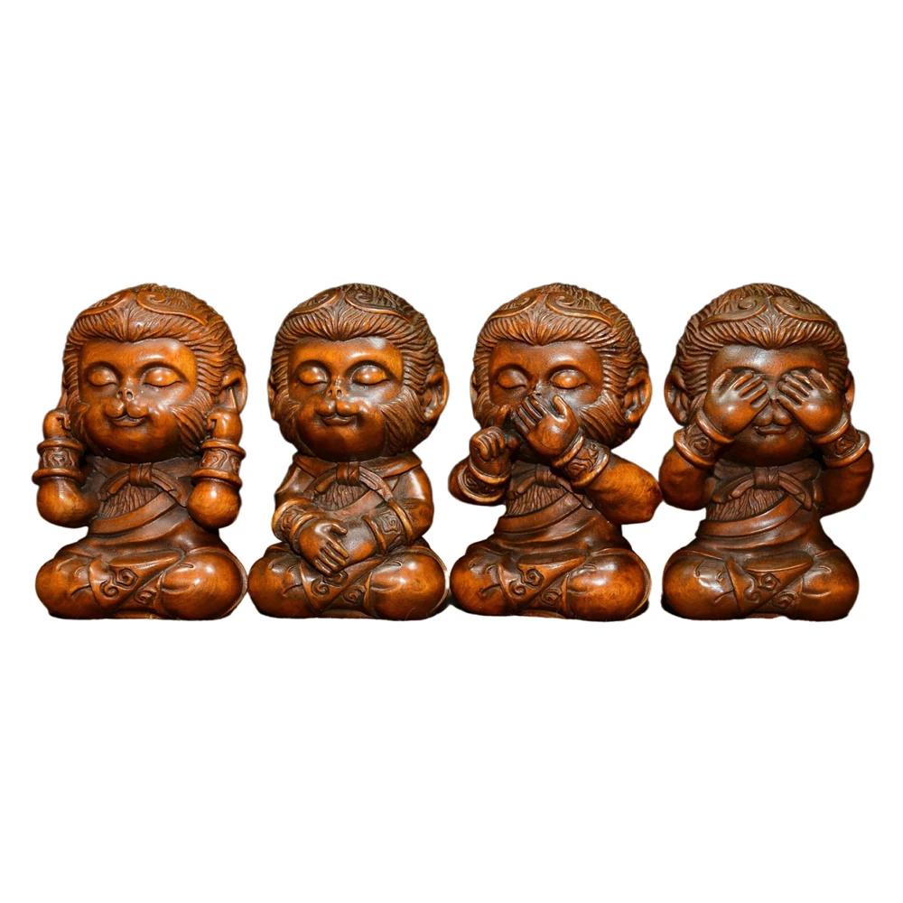 Sculpture sur bois, artisanat d'art pour la maison, Figurine de quatre singes sages en bois, Statue du roi singe, décor sculpté, pas de sagesse de la prudence maléfique