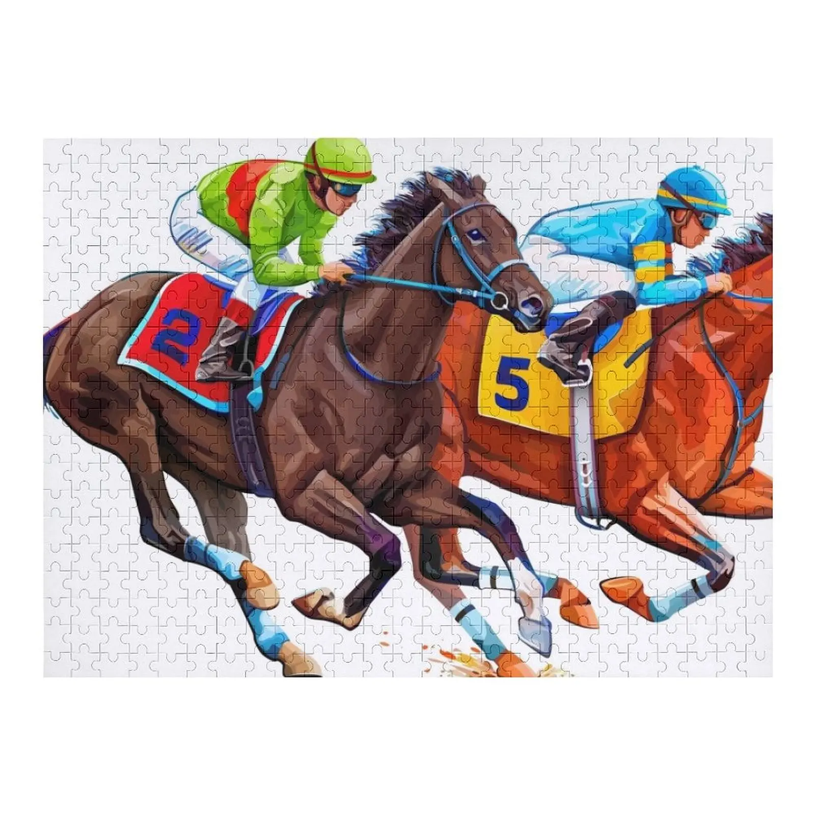 

Two racing horses in competition. Hippodrome. Hippodrome. Cross the race track. The horse riding. Vector illustrat Jigsaw Puzzle